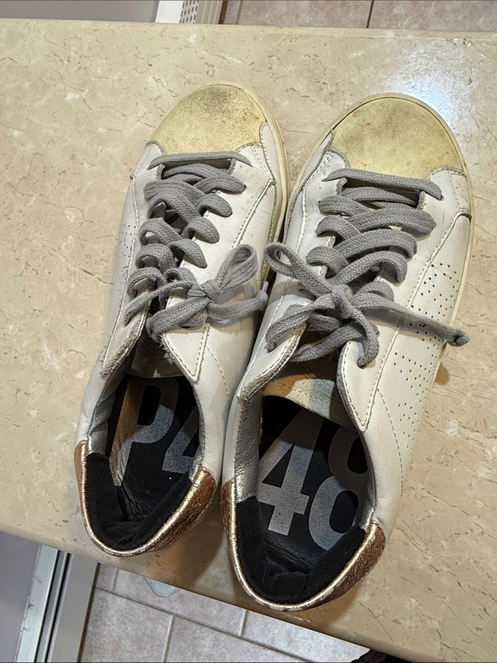 P448 White Leather Sneakers with Gold Heel and Metallic Toe